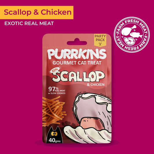 Purrkins Scallop & Chicken cat treats, 40g pack of jerky strips