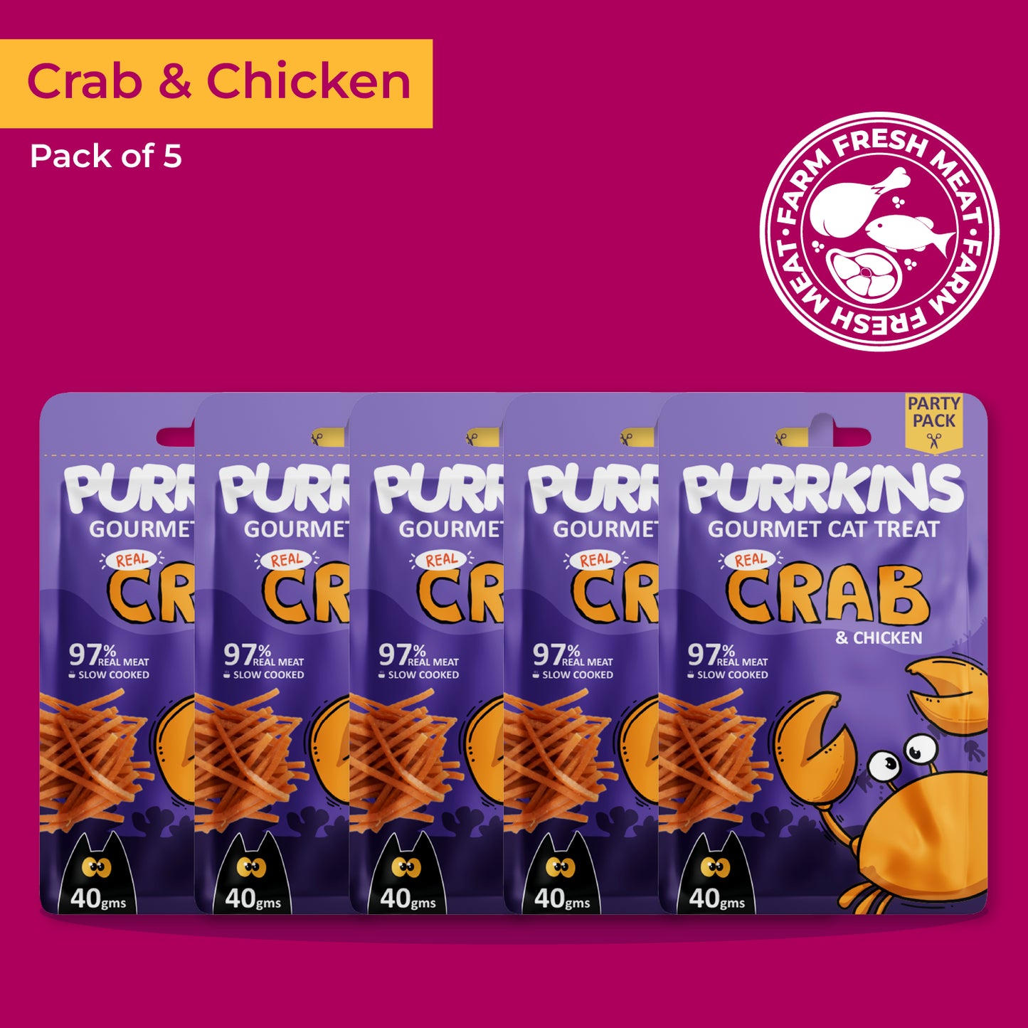 Purrkins Exotic Gourmet Treats – Crab & Chicken | Pack of 5 | 200g
