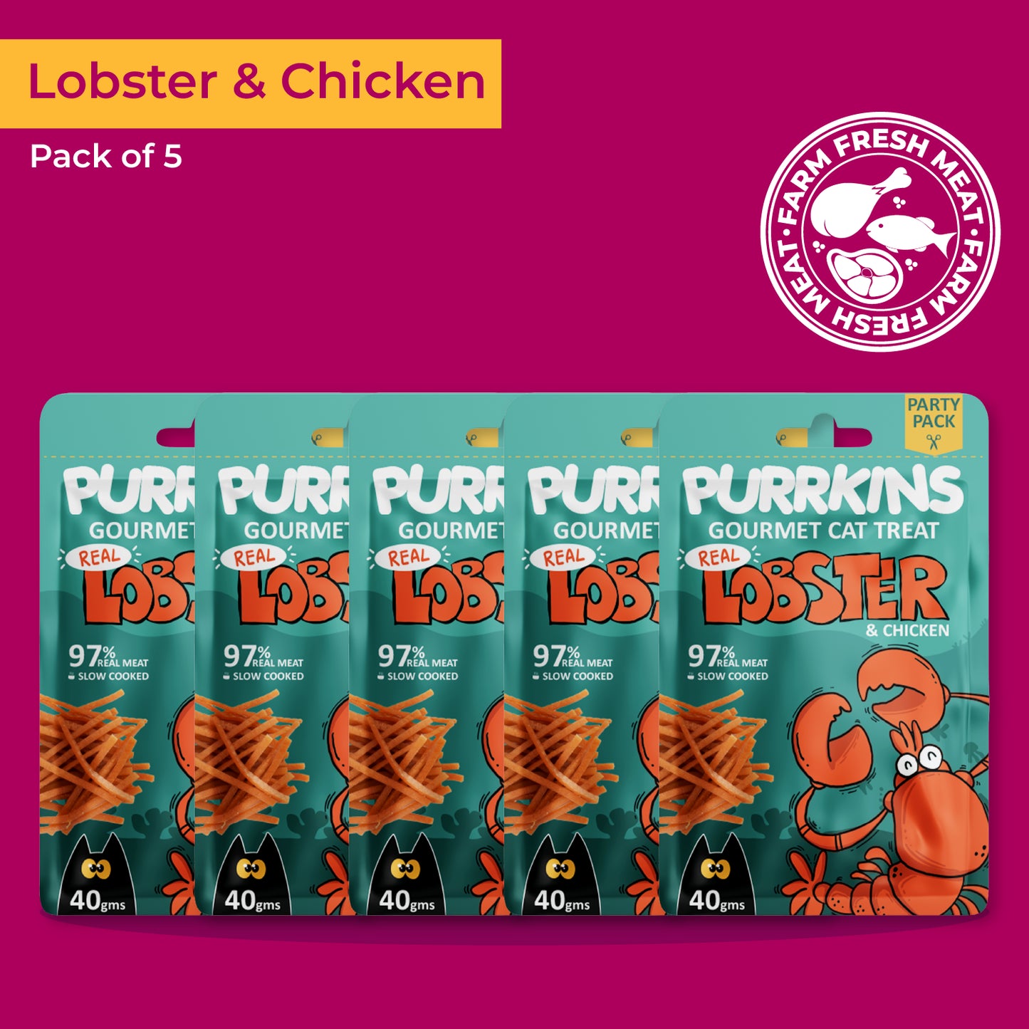 Purrkins Lobster & Chicken cat treats, pack of 5 (200g) jerky strips