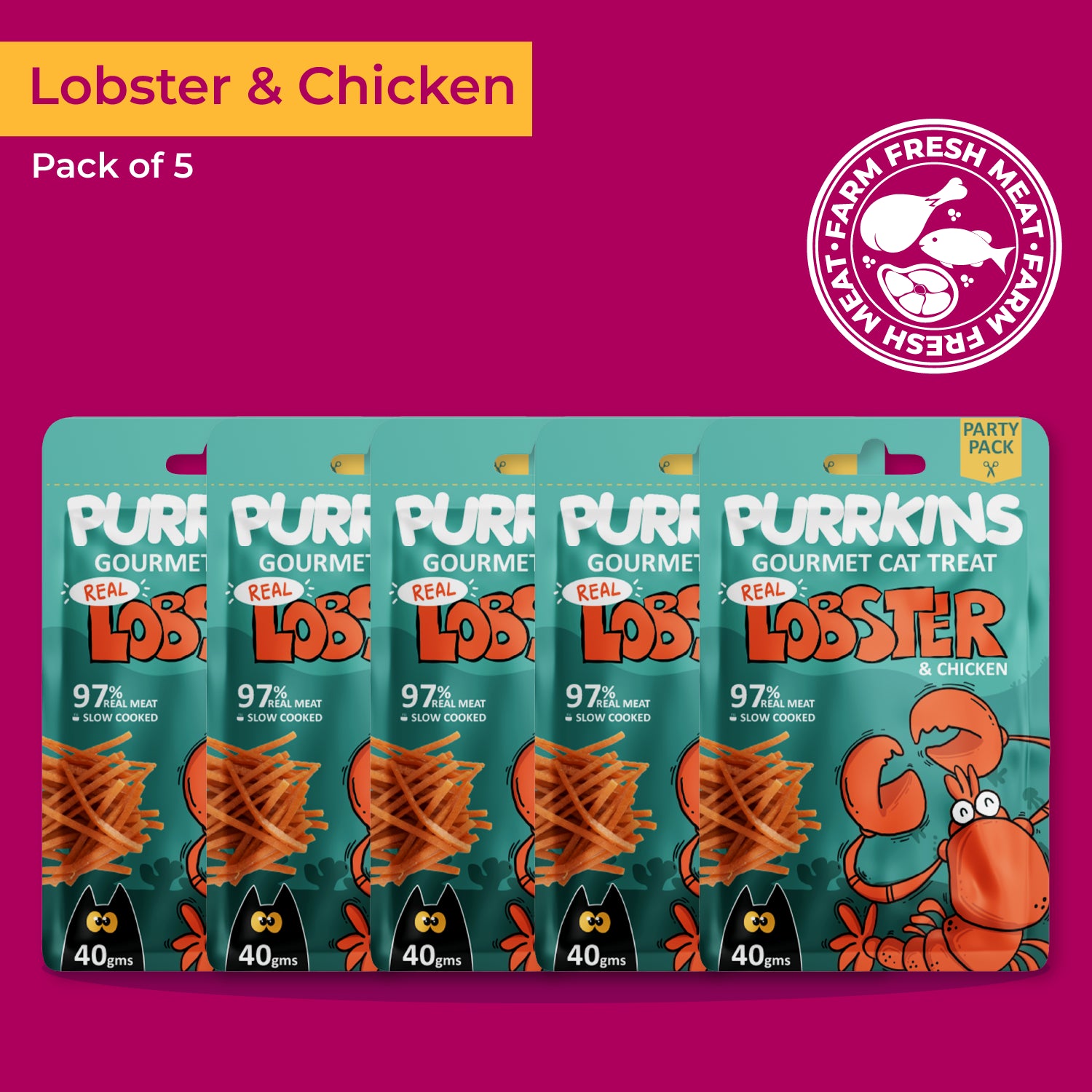 Purrkins Lobster & Chicken cat treats, pack of 5 (200g) jerky strips