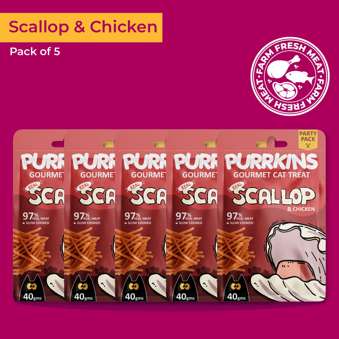 Purrkins Exotic Gourmet Treats – Scallop & Chicken | Pack of 5 | 200g