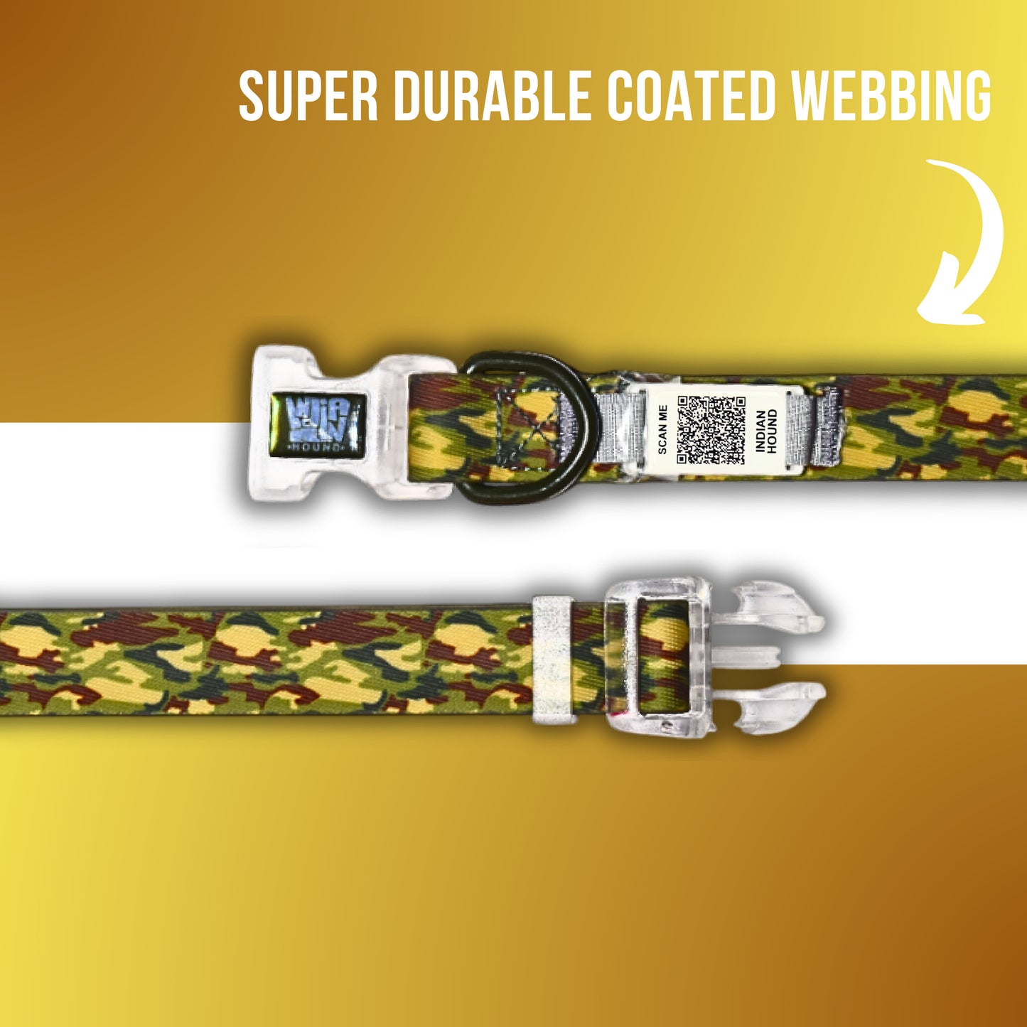Indian Hound Duratuff Collar (S -Army Print)  for Dogs  with QR Tag