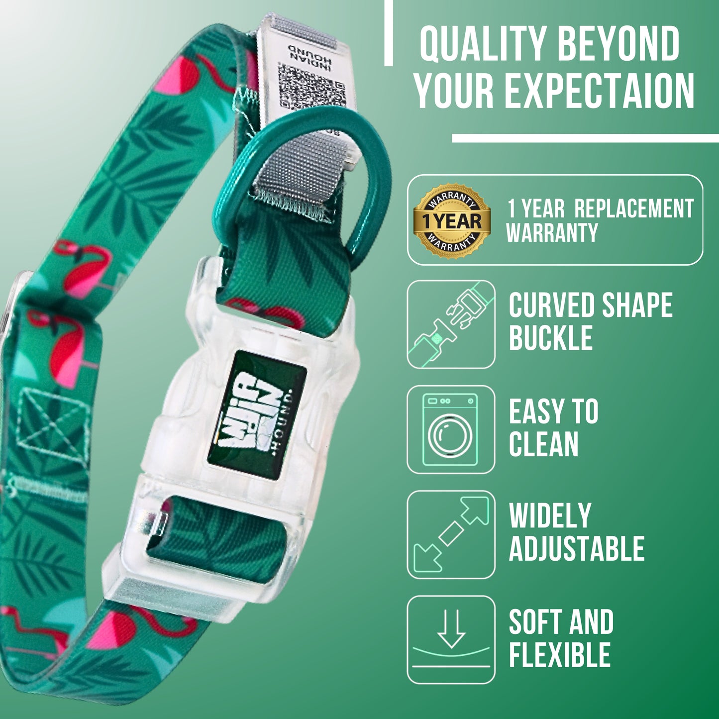 Indian Hound Duratuff Collar (L - Green)  for Dogs  with QR Tag