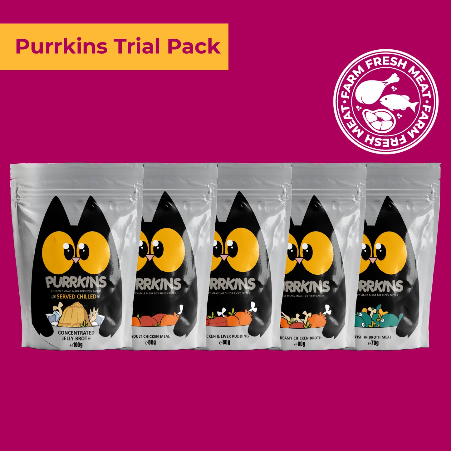 Purrkins Trial Pack of five wet cat food flavours, 80g pouches