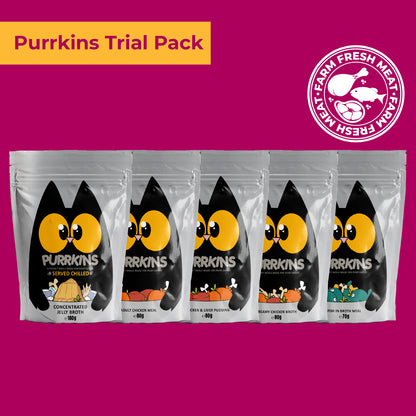 Purrkins Trial Pack of five wet cat food flavours, 80g pouches